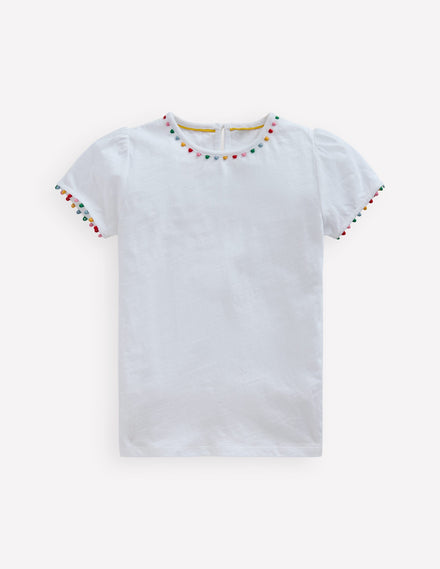 Ali T-Shirt mit Puffärmeln und Bommelbesatz-Weiß