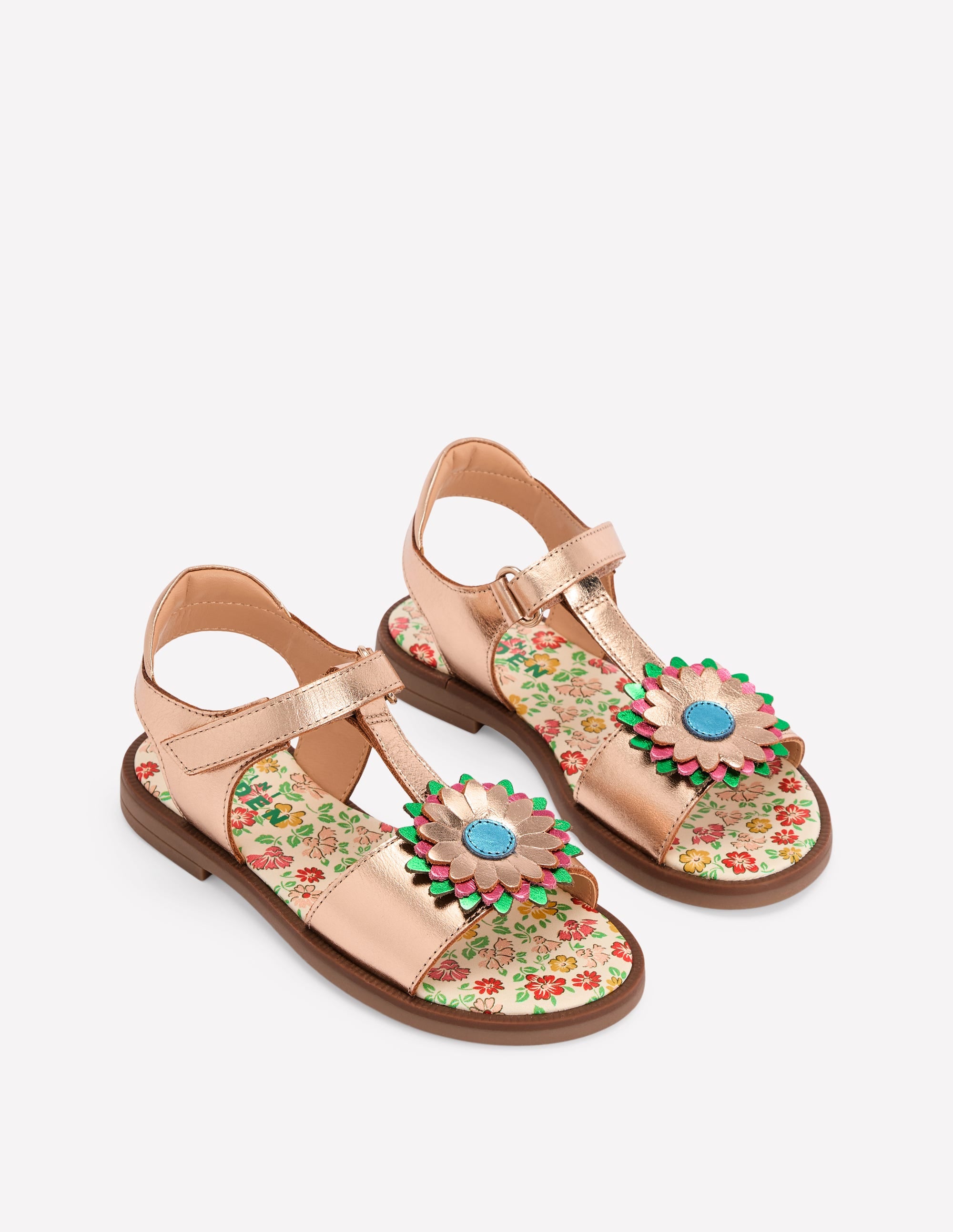 Sandales fun en cuir-Fleur doré métallisé - Image 1