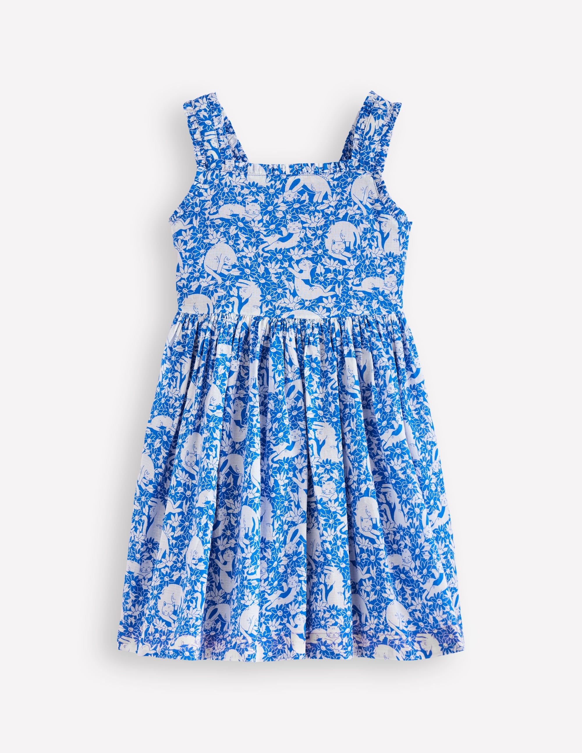 Luna Gewebtes Kleid mit Rüschenträgern-Eisvogelblau Kätzchen Wiese - Image 1