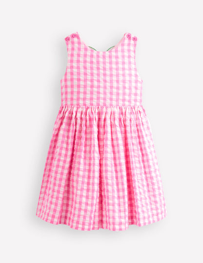 Applique Cross-Back Dress-Pink Gingham Strawberry