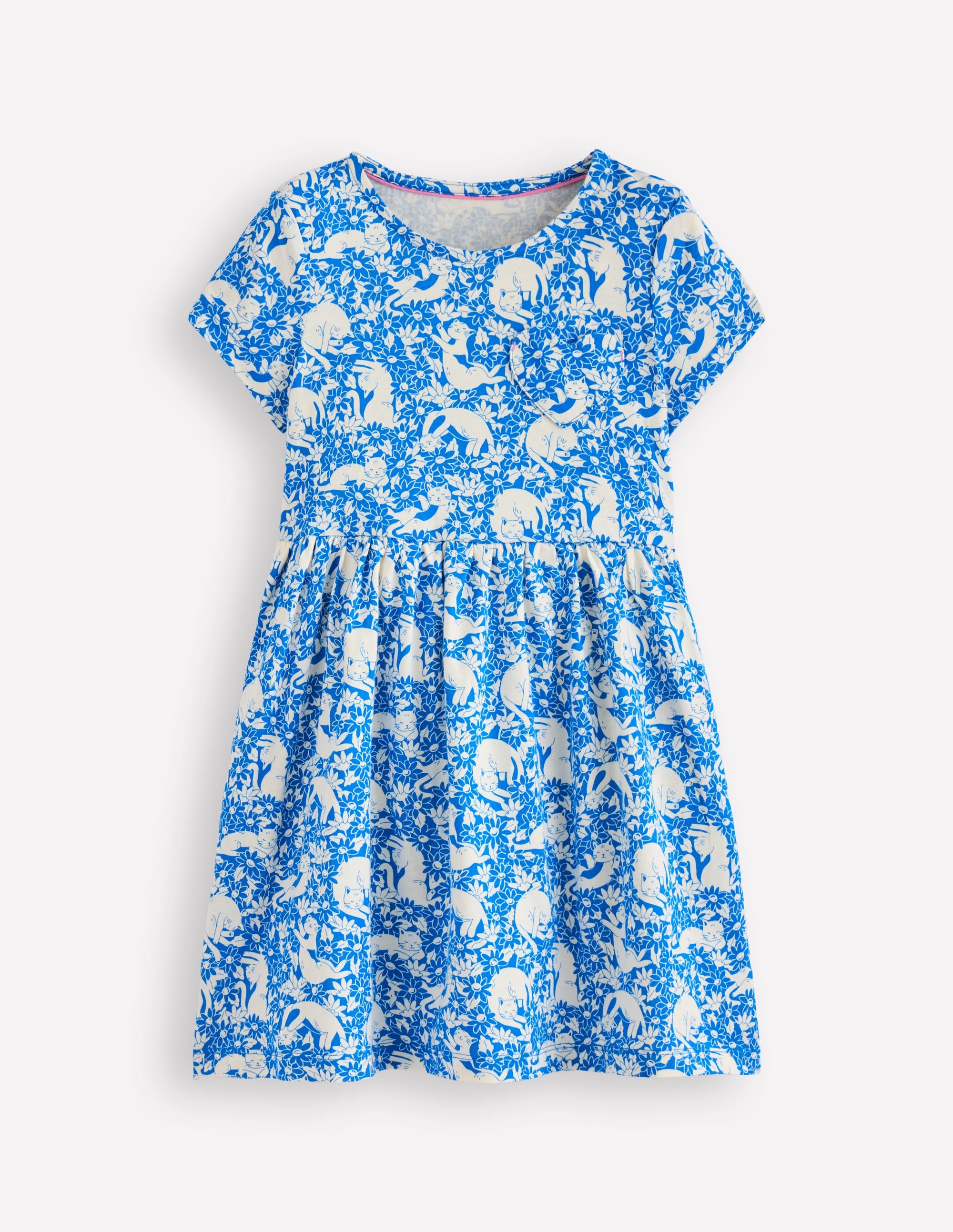 Lustiges Jerseykleid mit Herztasche-Eisvogelblau Kätzchen Wiese - Image 1