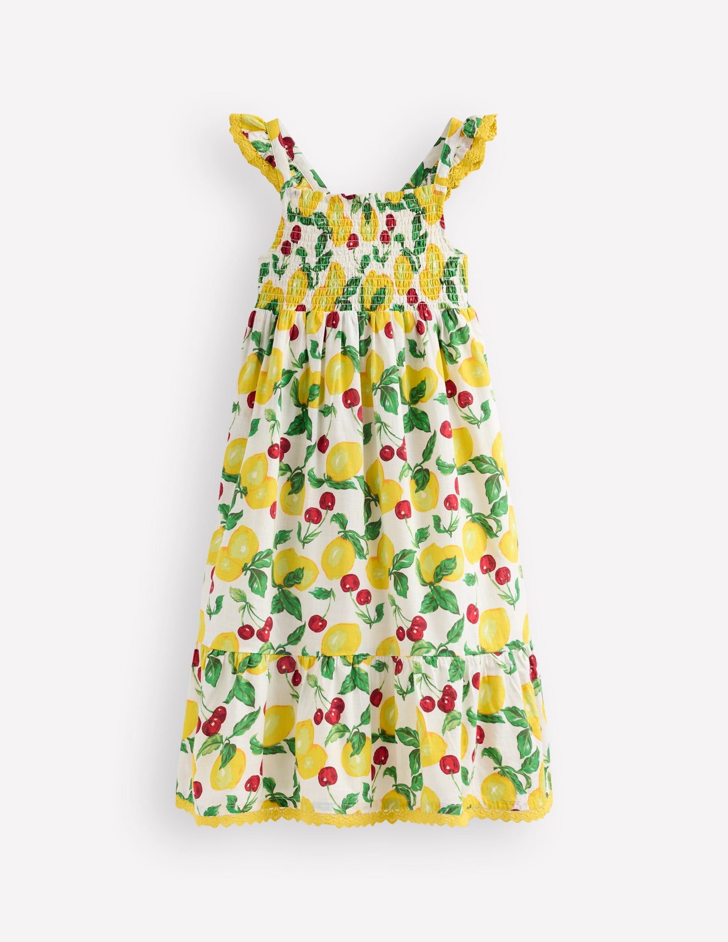 Luella Maxi-Sommerkleid mit Rüschen-Naturweiß Zitronen und Kirschen