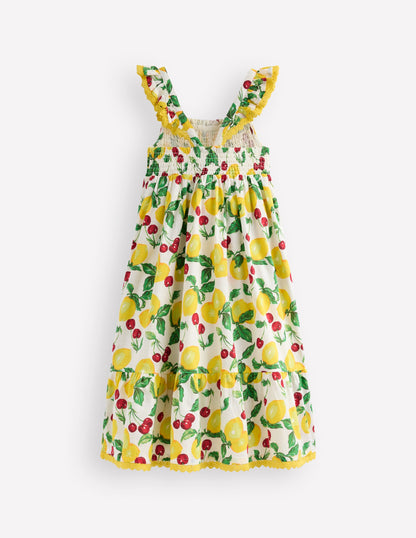 Luella Maxi-Sommerkleid mit Rüschen-Naturweiß Zitronen und Kirschen