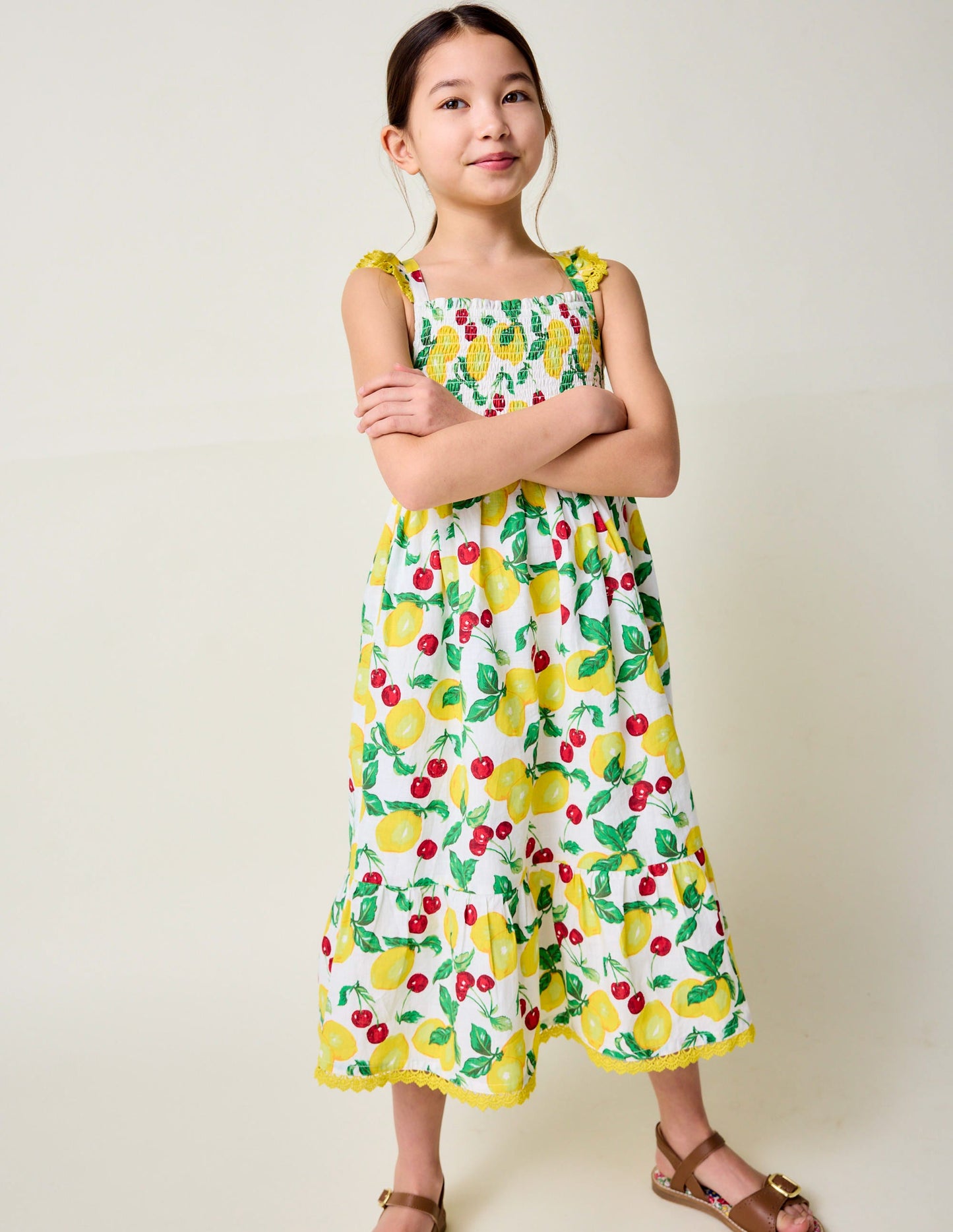 Luella Maxi-Sommerkleid mit Rüschen-Naturweiß Zitronen und Kirschen