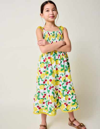 Luella Maxi-Sommerkleid mit Rüschen-Naturweiß Zitronen und Kirschen