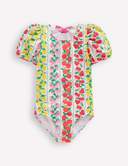 Sandy Puff Sleeve Swimsuit-Rainbow Fruit Stripe