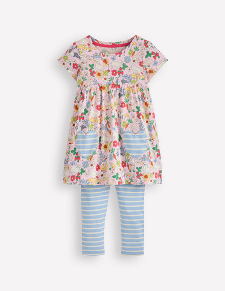 Ensemble avec tunique à manches courtes imprimée-Motif Spring Meadow rose français