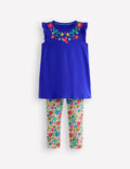 Ensemble avec tunique à manches volantées-Broderie bleu vif