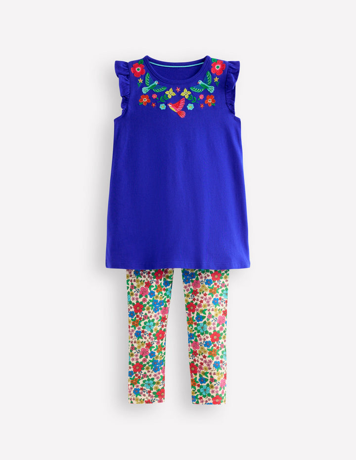 Ensemble avec tunique à manches volantées-Broderie bleu vif