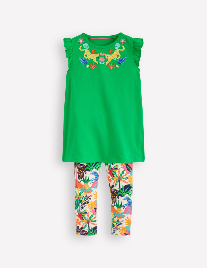 Ensemble avec tunique à manches volantées-Broderie vert printemps