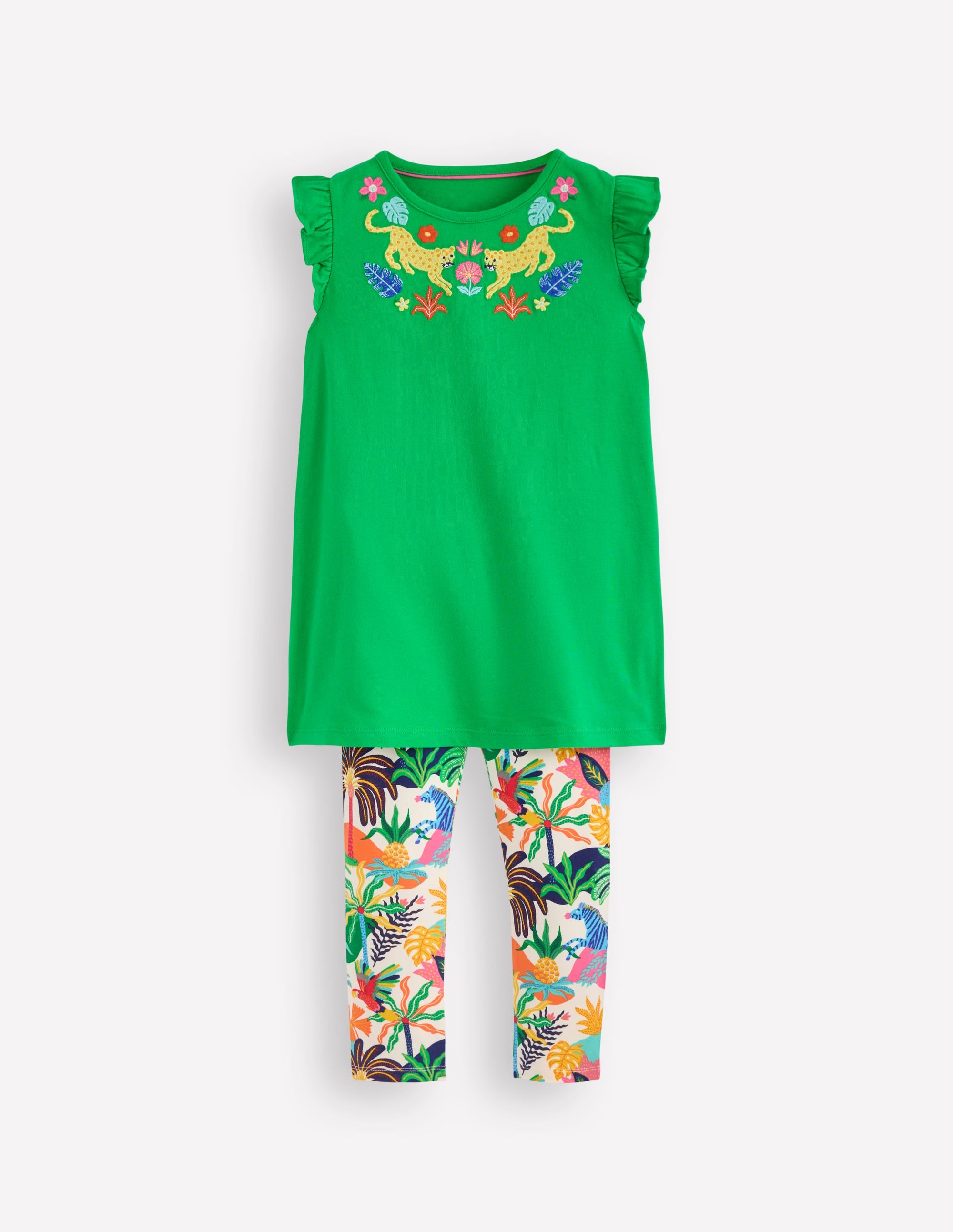 Ensemble avec tunique à manches volantées-Broderie vert printemps - Image 1