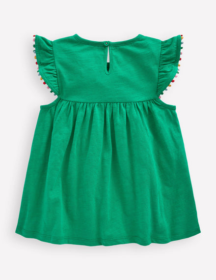 Frill Sleeve Pom Top-Bright Emerald