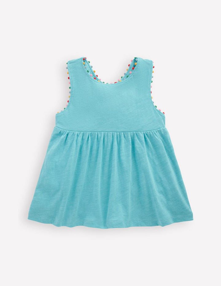 Débardeur croisé dans le dos à pompons-Bleu Caraïbes