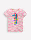 Puff Sleeve Superstitch Top-Pink Woodblock Seahorse