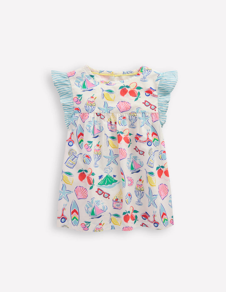 Top tissé à manches volantées-Imprimé vacances ivoire