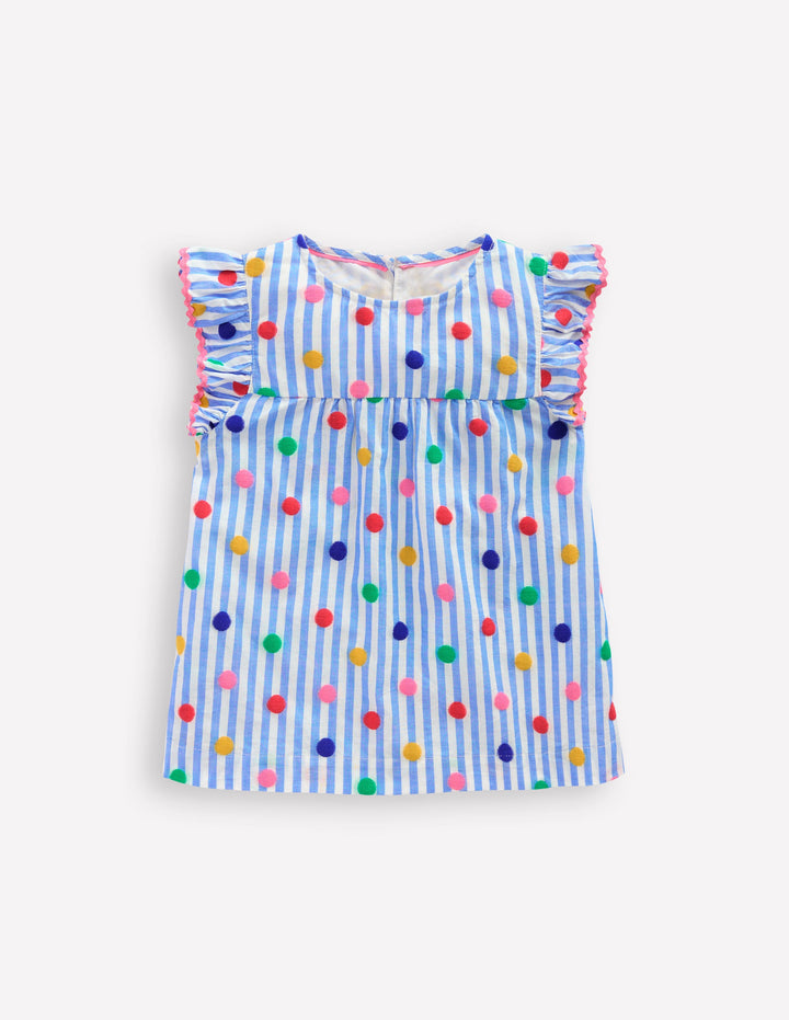 Top tissé à manches volantées-Pois bleu plume de paon