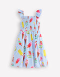 Willa Gerafftes Jerseykleid-Vintage-Blau Eiscreme Streifen