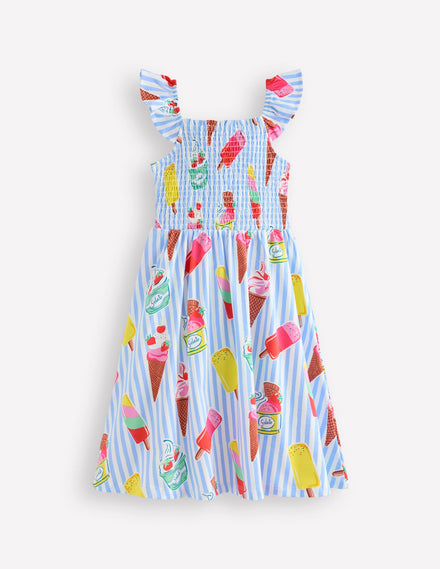 Willa Gerafftes Jerseykleid-Vintage-Blau Eiscreme Streifen