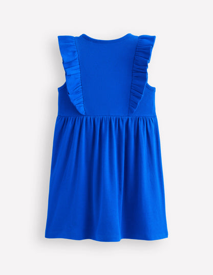 Embroidered Frill Jersey Dress-Gallery Blue