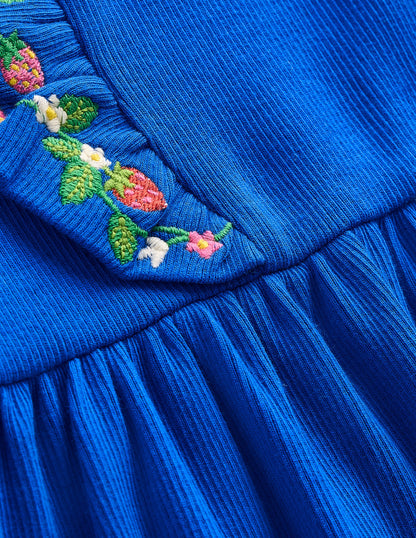 Embroidered Frill Jersey Dress-Gallery Blue