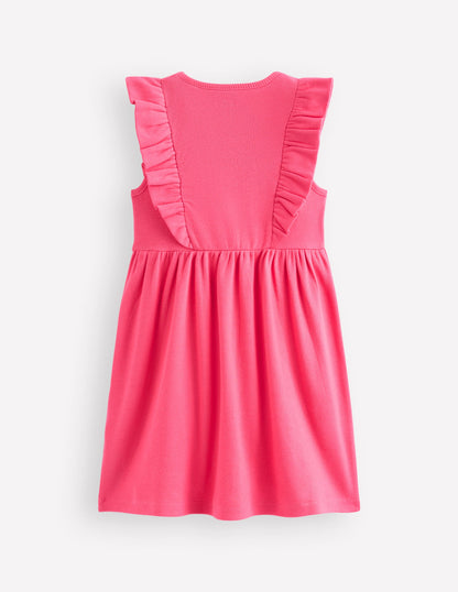 Embroidered Frill Jersey Dress-Rose Petal Pink