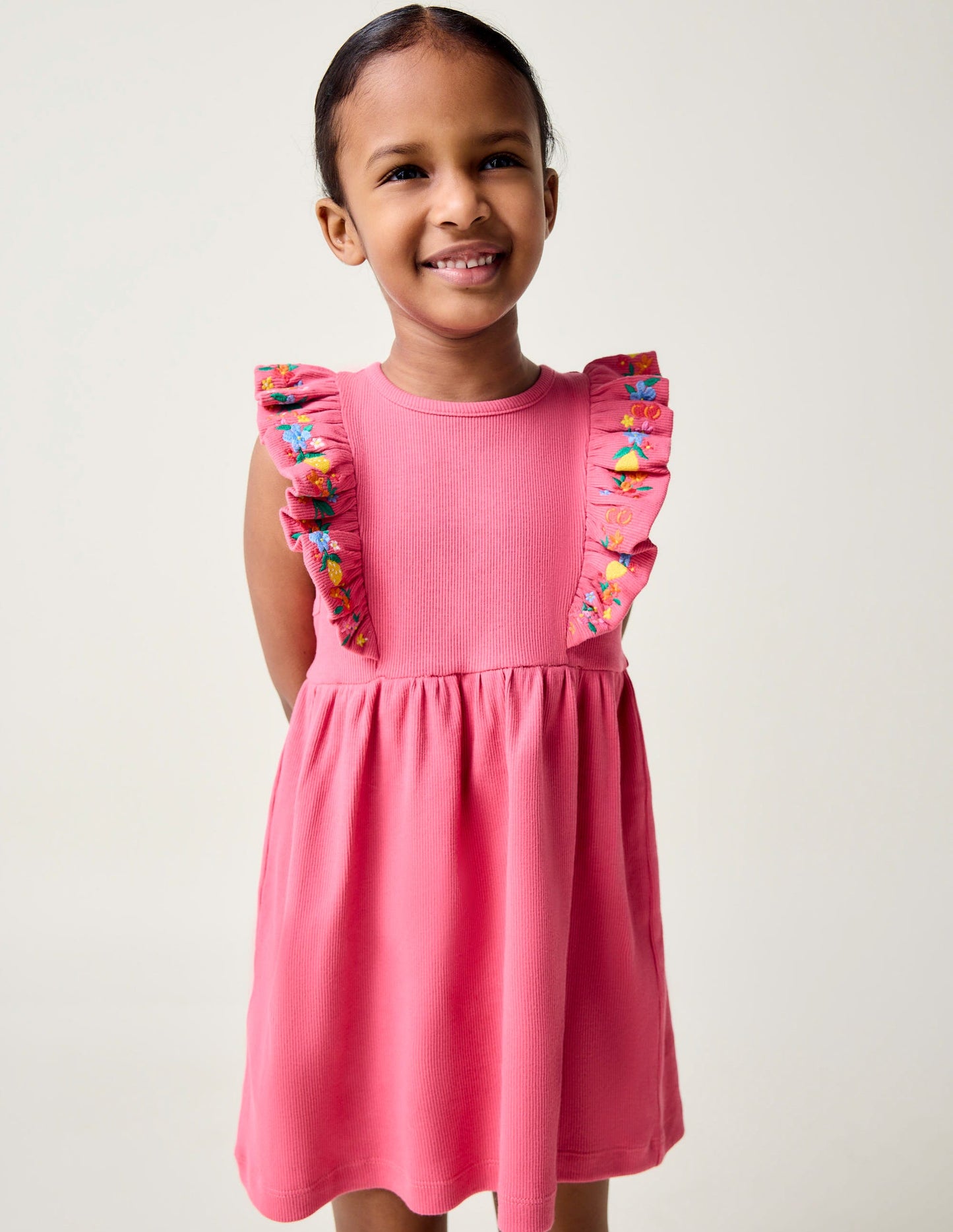 Embroidered Frill Jersey Dress-Rose Petal Pink