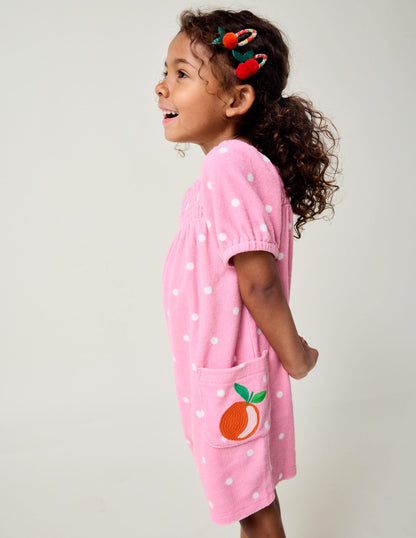 Towelling Playsuit-Pink Embroidered Fruit