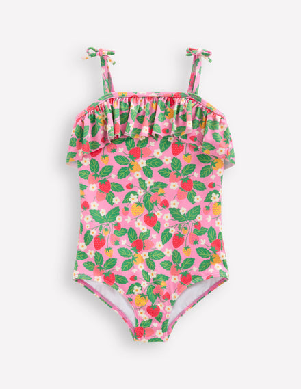 Maillot de bain à volants avec liens à nouer-Motif fraisier rose