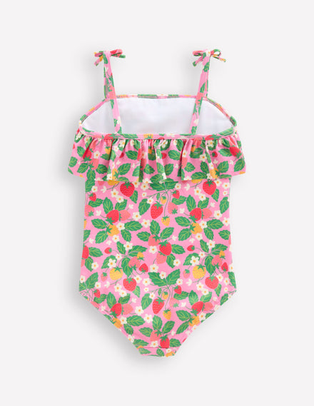 Maillot de bain à volants avec liens à nouer-Motif fraisier rose