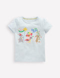 Top à manches bouffantes et appliqué-Animaux bleu nuage