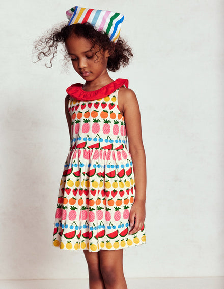 Jerseykleid mit gerüschtem Ausschnitt-Naturweiß Frucht Streifen