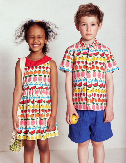 Jerseykleid mit gerüschtem Ausschnitt-Naturweiß Frucht Streifen
