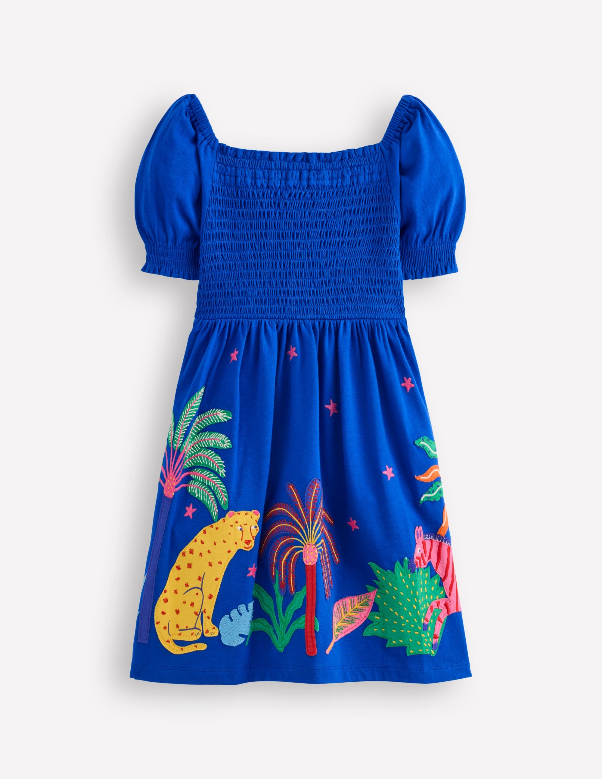 Clare Gesmoktes Kleid mit Applikation-Blau Safari Tiere - Image 1