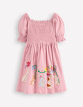 Clare Gesmoktes Kleid mit Applikation-Vintage-Rosa Maifeiertag Tiere