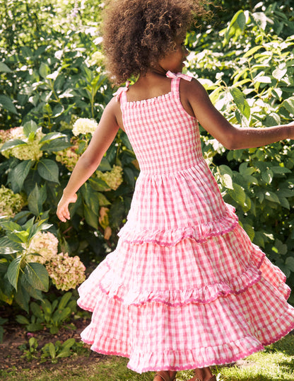 Odette Gewebtes Sommerkleid mit Stufendesign-Rosa Vichykaro Gänseblümchen