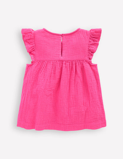 Doppeltuch-Oberteil mit Rüschenärmeln-Sorbet-Rosa Stickerei-2