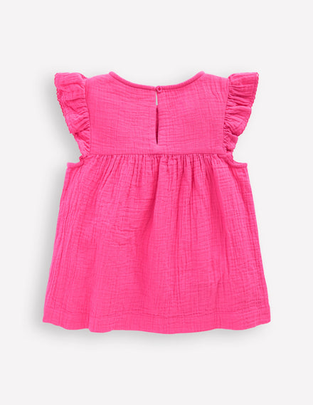 Doppeltuch-Oberteil mit Rüschenärmeln-Sorbet-Rosa Stickerei