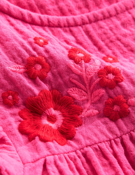 Doppeltuch-Oberteil mit Rüschenärmeln-Sorbet-Rosa Stickerei
