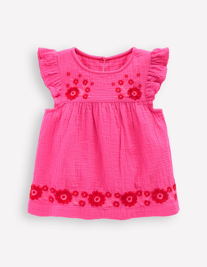 Top double-étoffe à manches volantées-Broderie rose sorbet