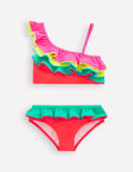 Bunter Bikini mit Rüschen-Blockfarben