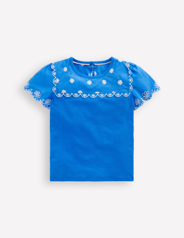 T-shirt à manches en broderie anglaise-Bleu Martin-pêcheur