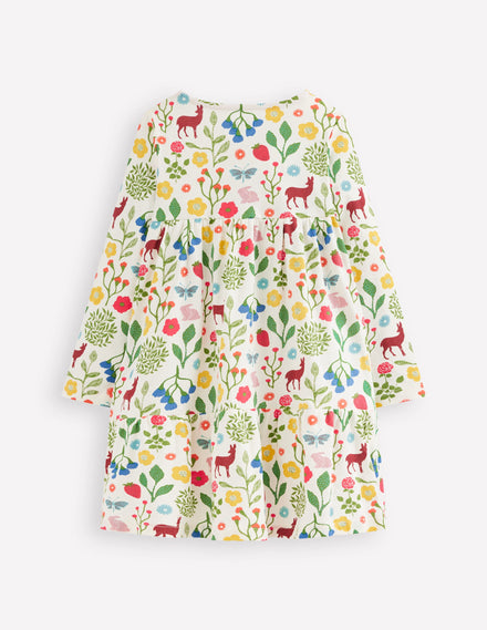 Ariel Langärmliges, schwingendes Kleid-Sanftes Naturweiß Waldspaziergang