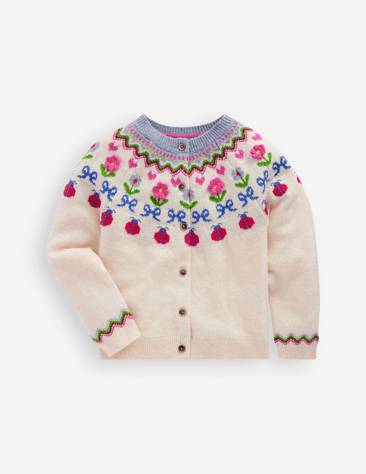 Edie Fair-Isle-Strickjacke-Ecru Meliert, Blumen