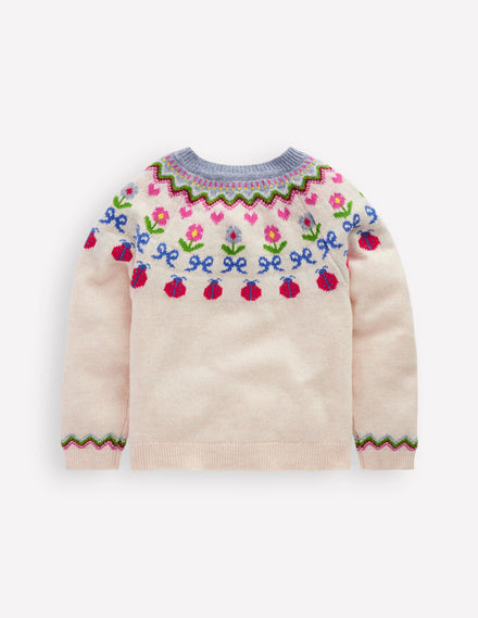 Edie Fair-Isle-Strickjacke-Ecru Meliert, Blumen