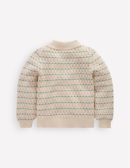 Strickjacke mit Pointelle-Kragen-Warmes Naturweiß-3