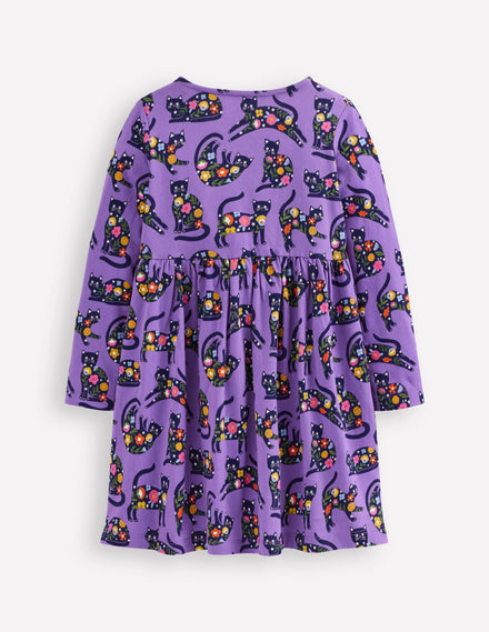 Lustiges Jerseykleid mit Herztasche-Lila Topas Gruselkatzen