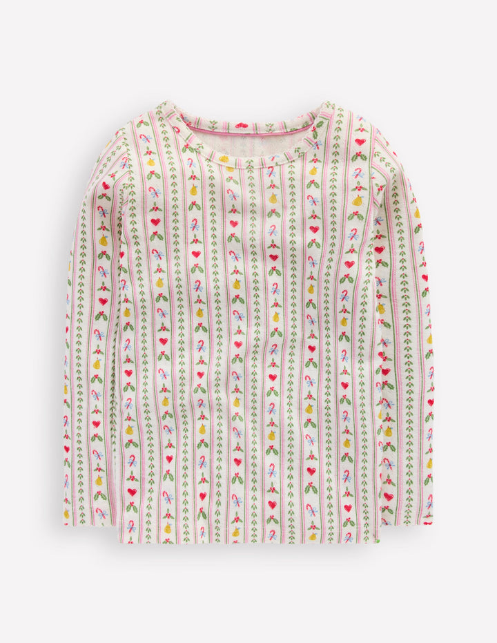 Langärmeliges Oberteil mit Pointelle-Muster-Sanftes Naturweiß Nussknacker Streifen