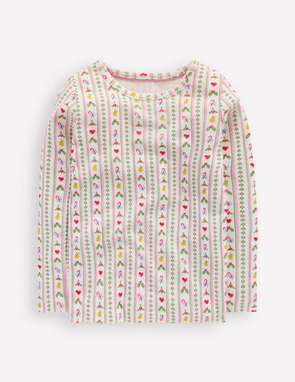 Langärmeliges Oberteil mit Pointelle-Muster-Sanftes Naturweiß Nussknacker Streifen-1