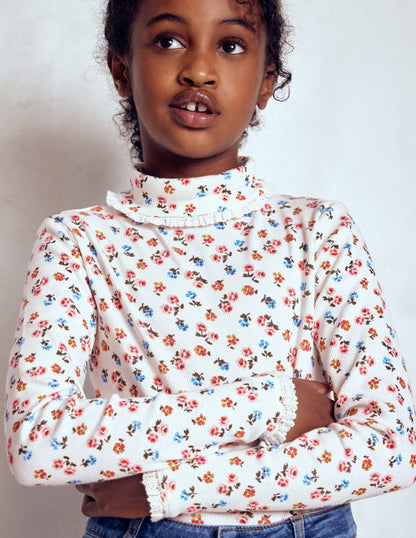 Ribbed Roll Neck Top-Soft Ivory Rose Sprig-3