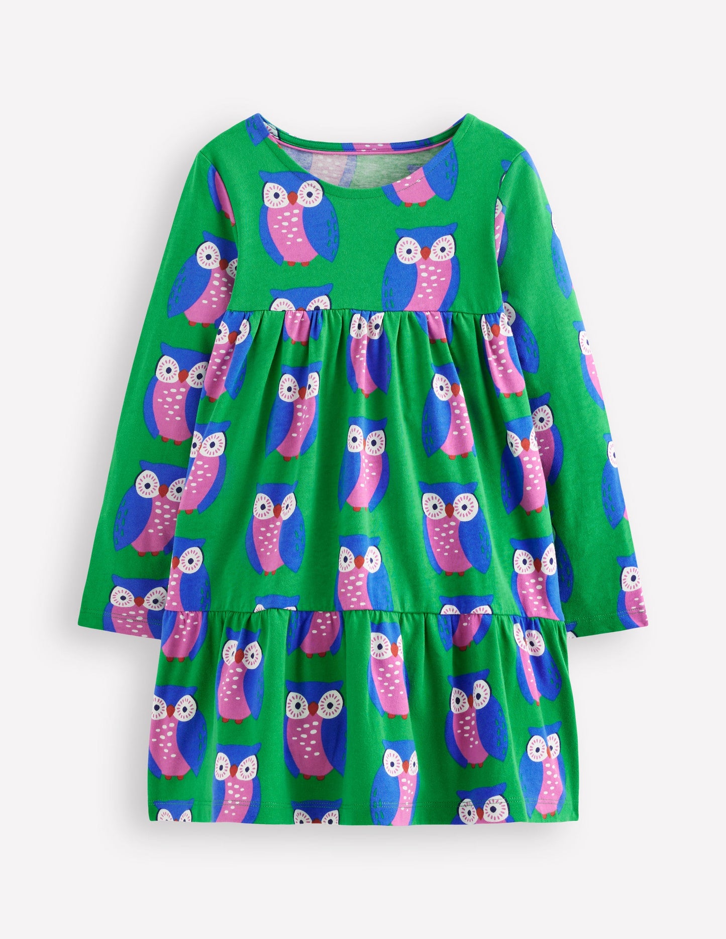 Ariel Langärmliges, schwingendes Kleid-Sattes Smaragdgrün Geometrisches Muster Eulen